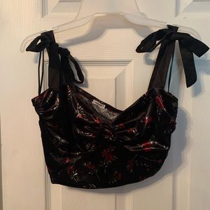 GARAGE Black and Red Velvet Corset Top with Bow tie Straps.